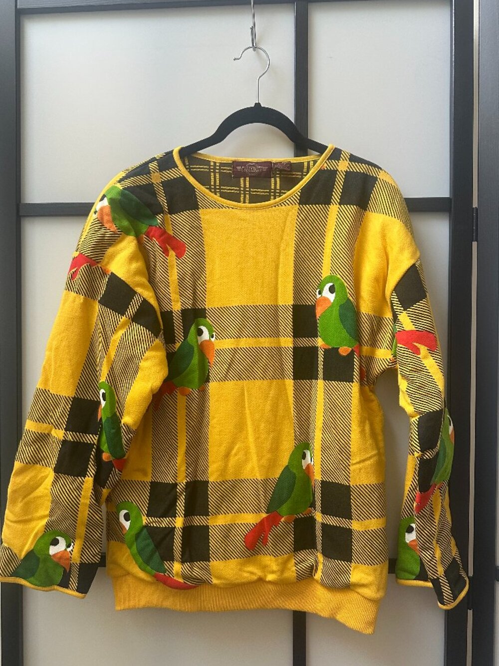 RARE Checkmate Checkered Novelty Bird Long Sleeve Sweater Made in Korea - Medium